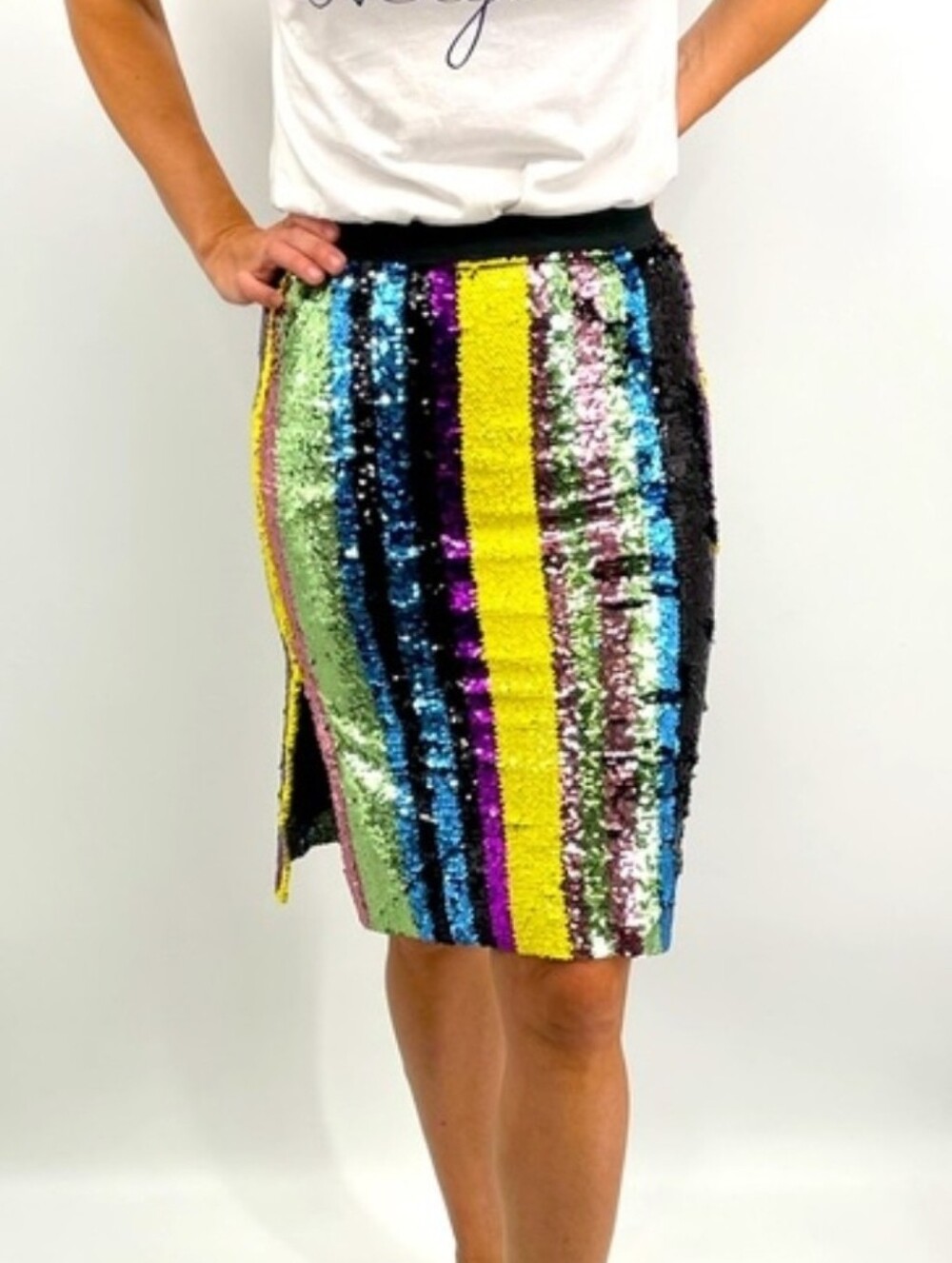 GREY LAB Multicolor Sequin Striped Pencil Skirt